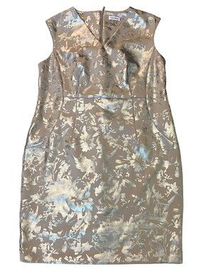 Calvin Klein Foil Floral Jacquard Sheath V-Neck Dress Silver Champagne Size 20W